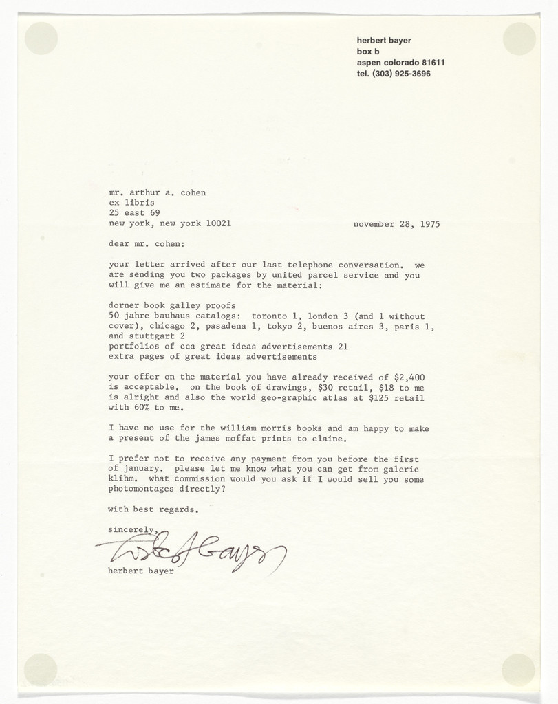 Herbert Bayer letterhead (Letter to Arthur A. Cohen)