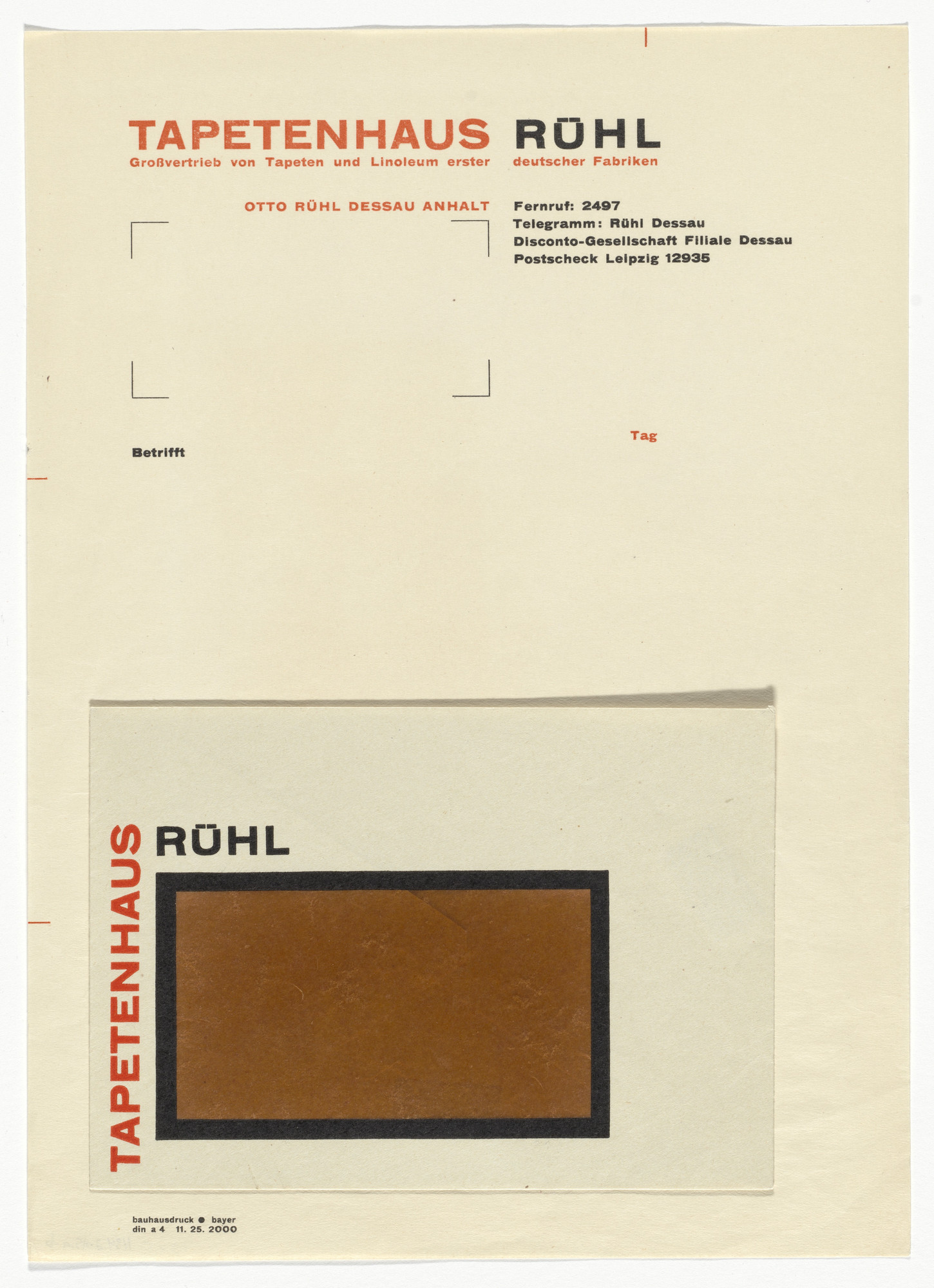 Herbert Bayer. Tapetenhaus Rühl letterhead and stationery envelope