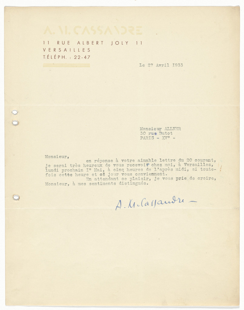 A.M. Cassandre letterhead (Letter to Walter Allner)
