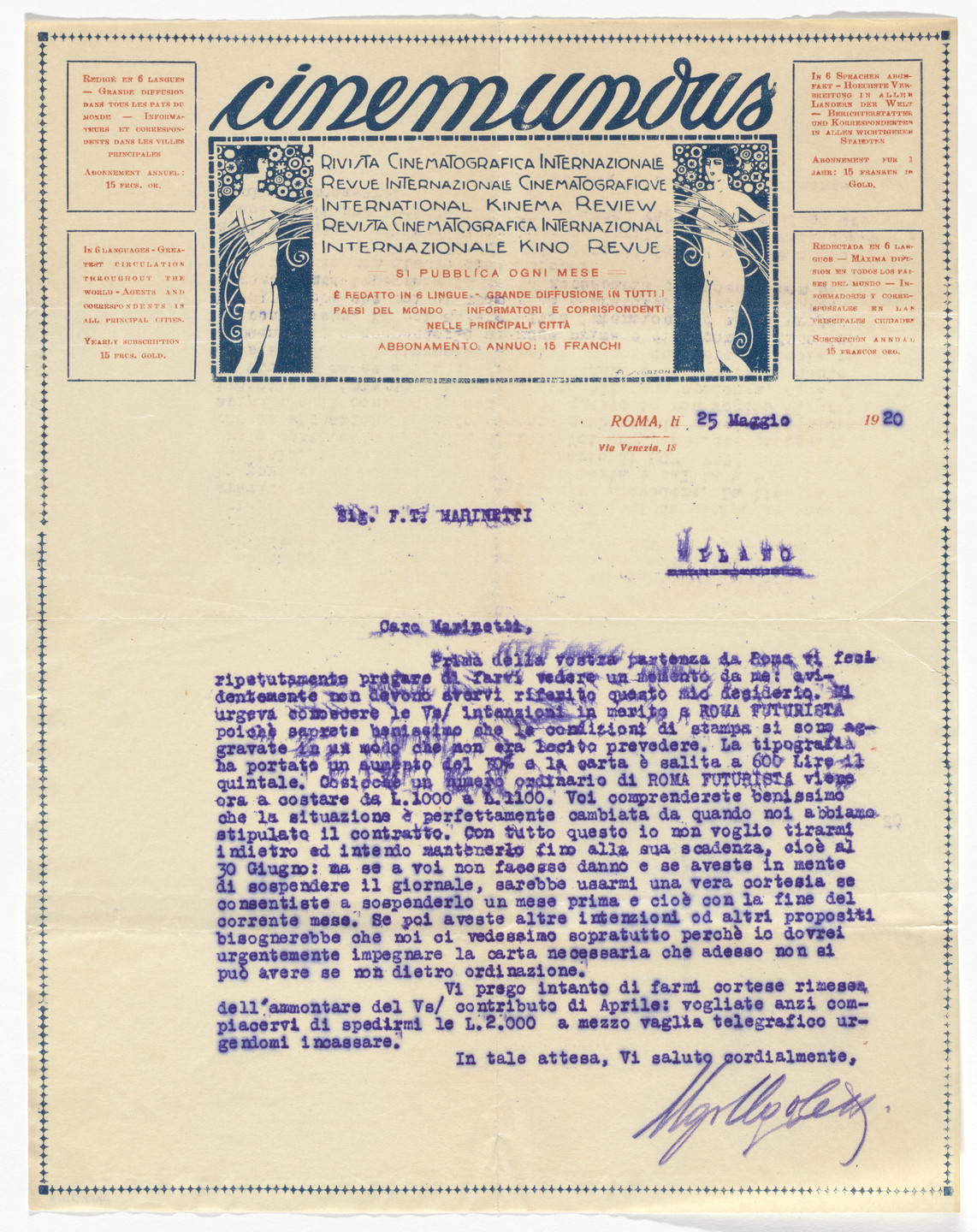 Unidentified Designer. Cinemundus Magazine letterhead (Letter to Marinetti). 1920
