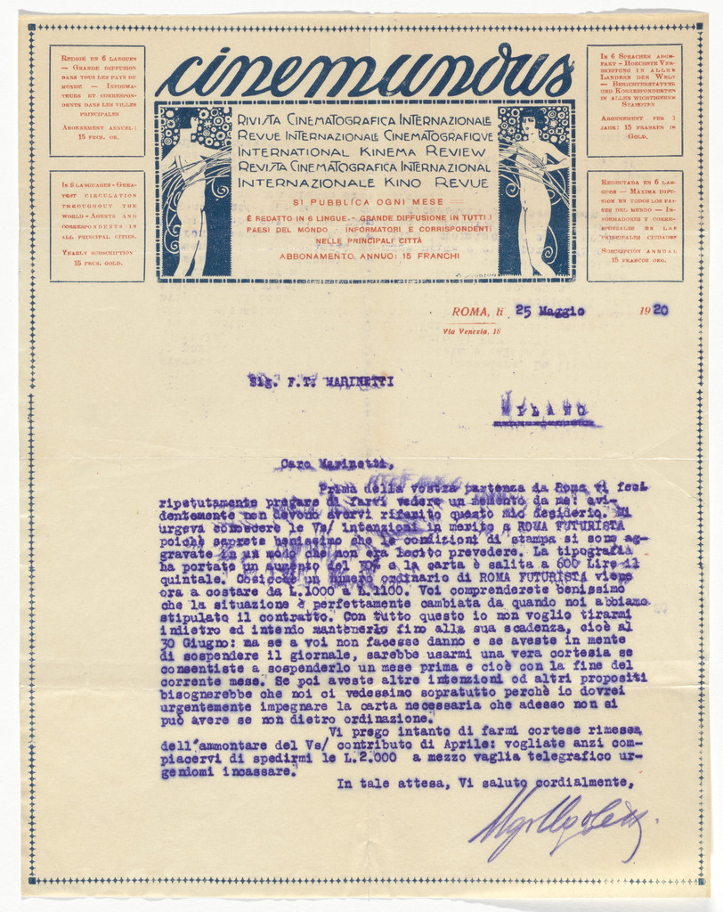 Cinemundus Magazine letterhead (Letter to Marinetti)