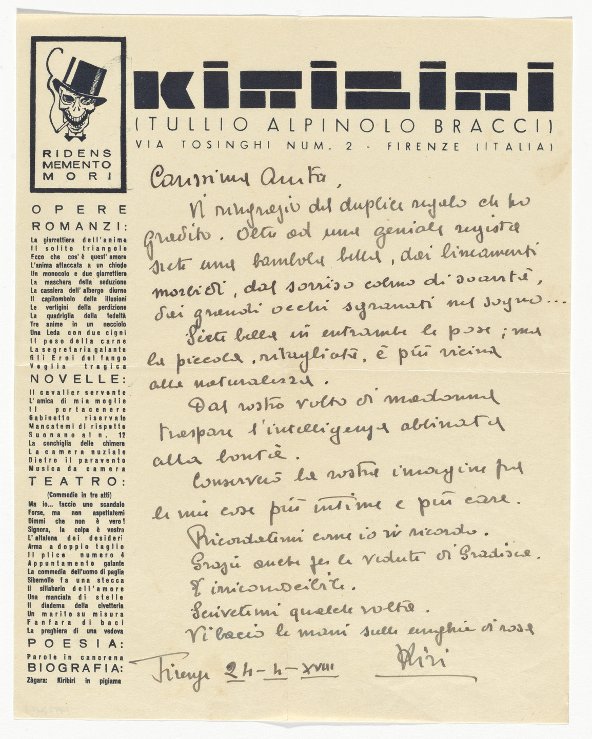 Unidentified Designer. Kiribiri (Tullio Alpinolo Bracci) letterhead. 1918