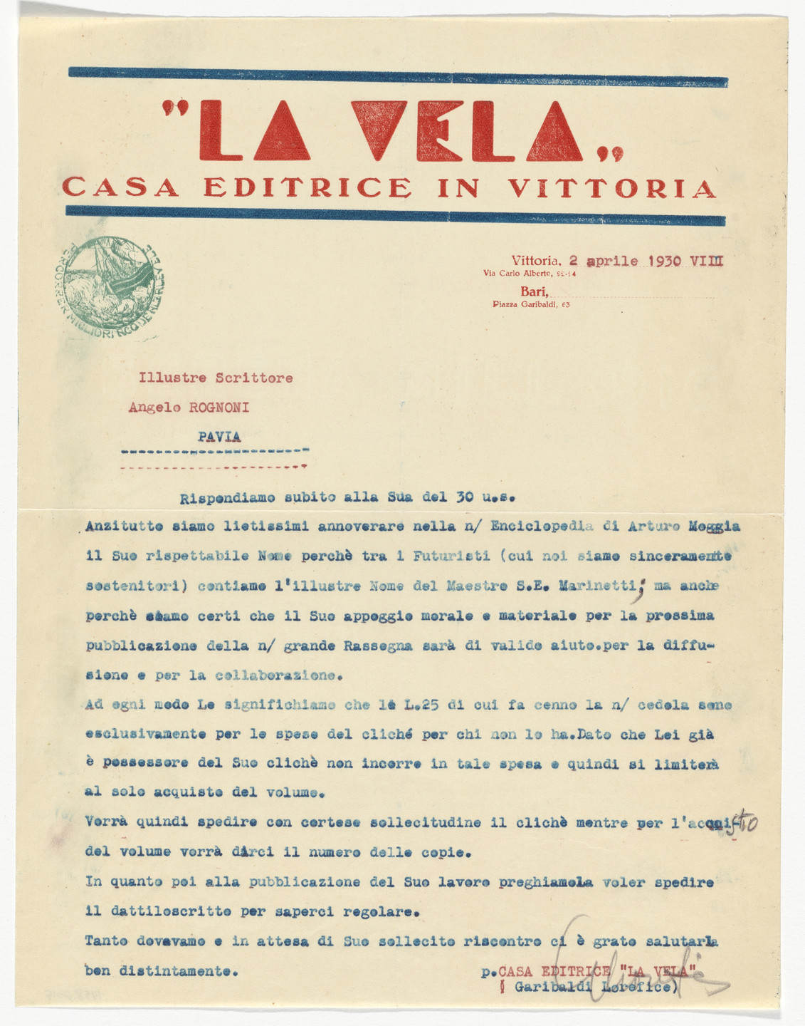 Unidentified Designer. La Vela letterhead (Letter to Angelo Rognoni from Garibaldi Lorefice). 1908