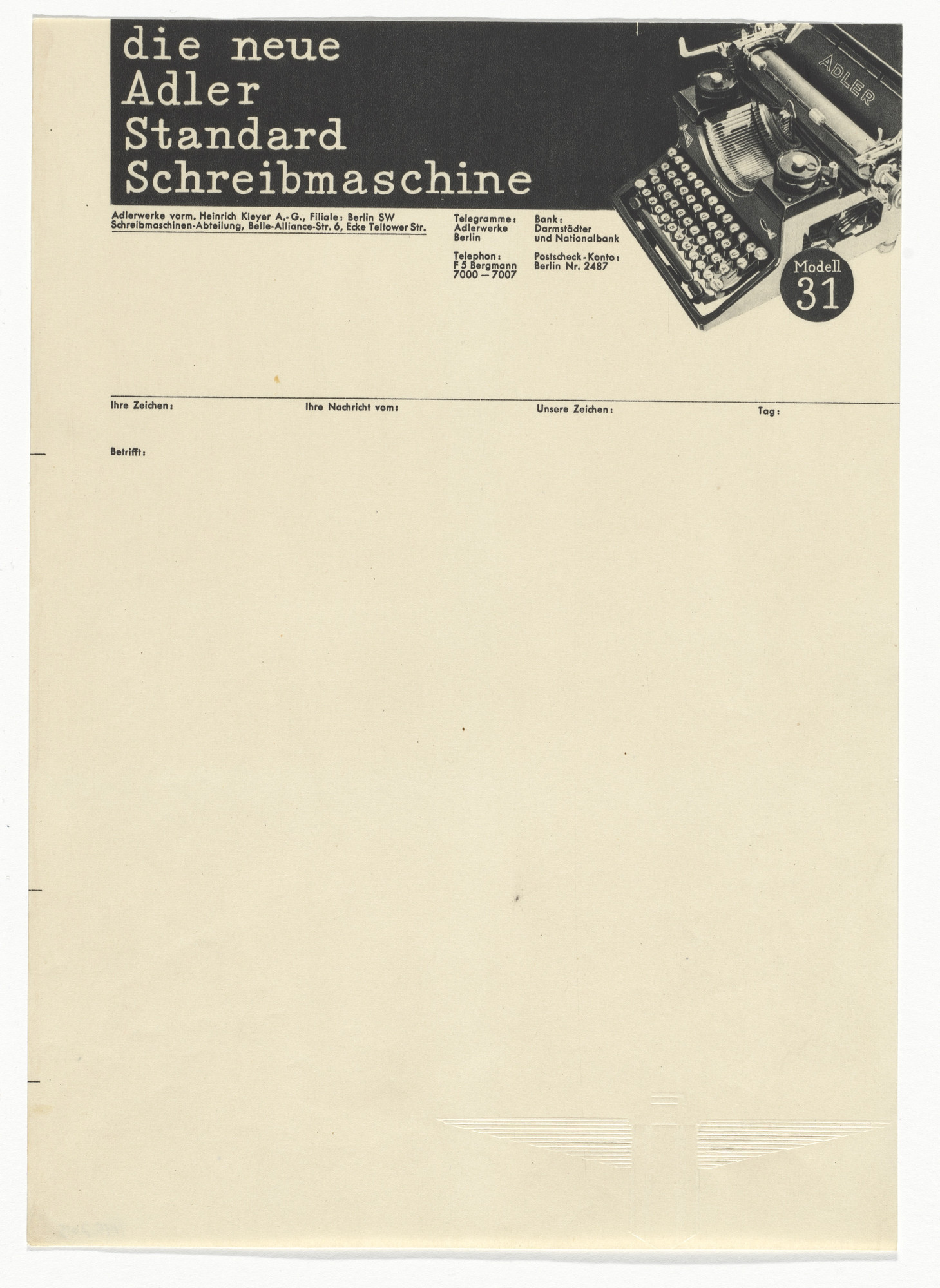 Herbert Bayer. Adler Typewriters letterhead