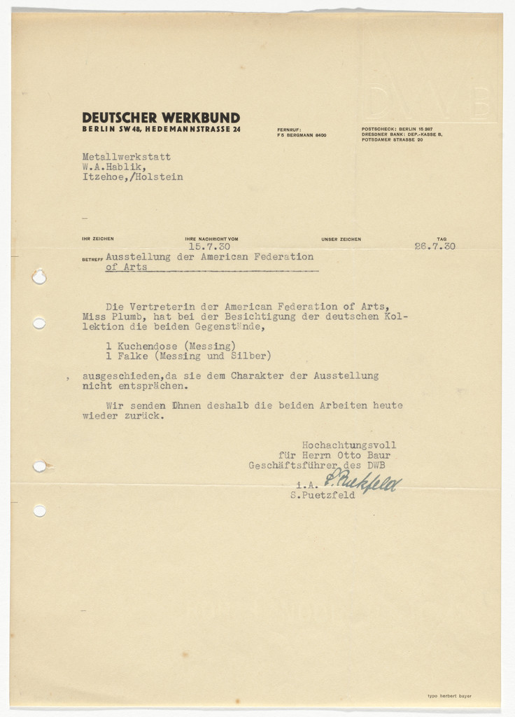 Deutscher Werkbund letterhead (Letter from S. Puetzfeld to the American Federation of Arts)