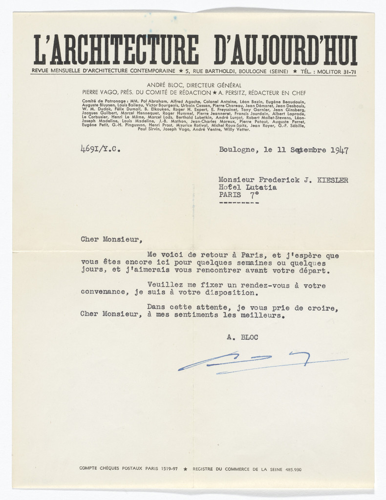 L'Architecture d'Aujourd'hui letterhead (Letter from Andre Bloc to Frederick Kiesler)
