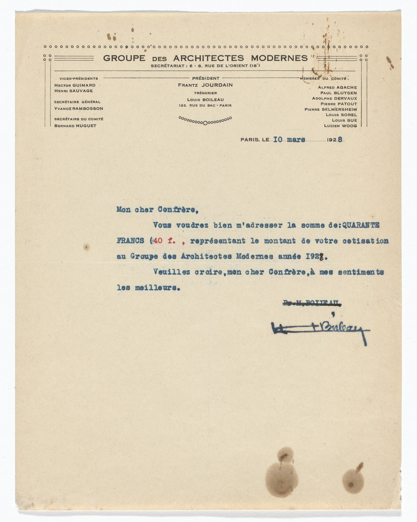 Groupe des Architectes Modernes letterhead (With a list of addresses for architects and artists)