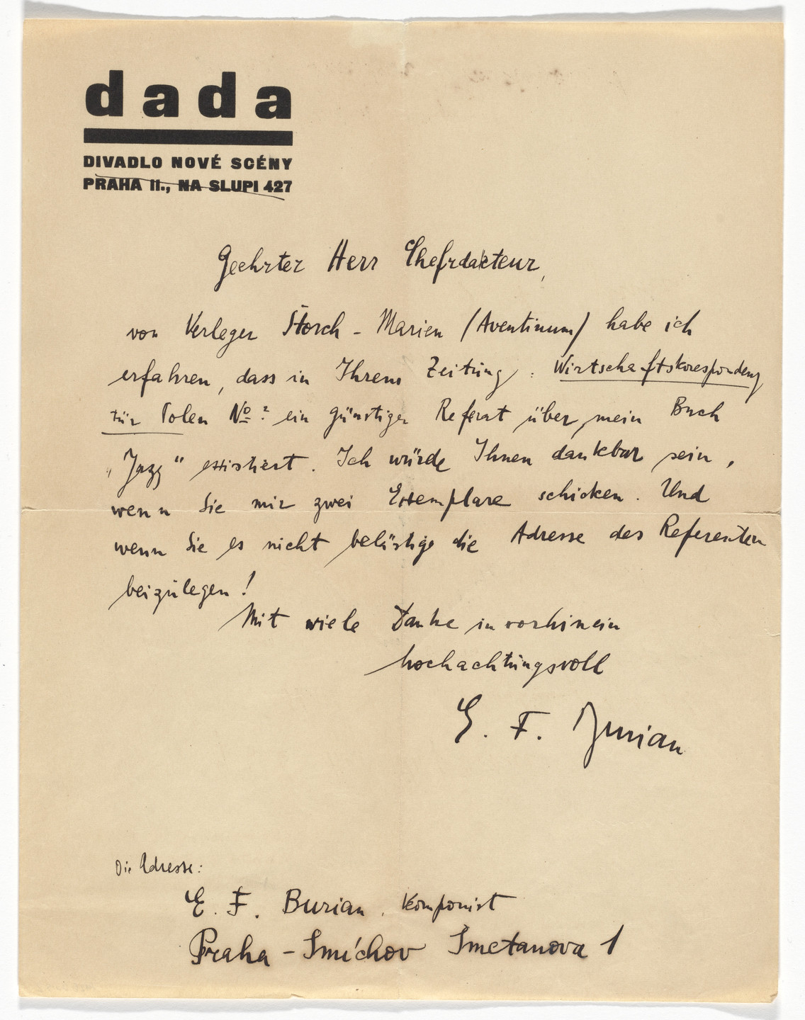 Unidentified Designer. Dada Podívaná Letterhead (Letter from E.F. Burian). 1928