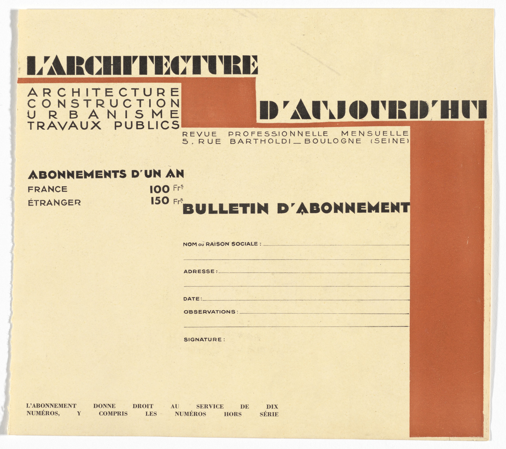 A typed document on light beige paper with black and red text, titled &#34;L&#39;ARCHITECTURE D&#39;AUJOURD&#39;HUI,&#34; includes subscription rates and blank fields for personal information on the lower half. The right and top borders feature a solid red bar. This is an AI generated description. To give feedback, email ai@moma.org.