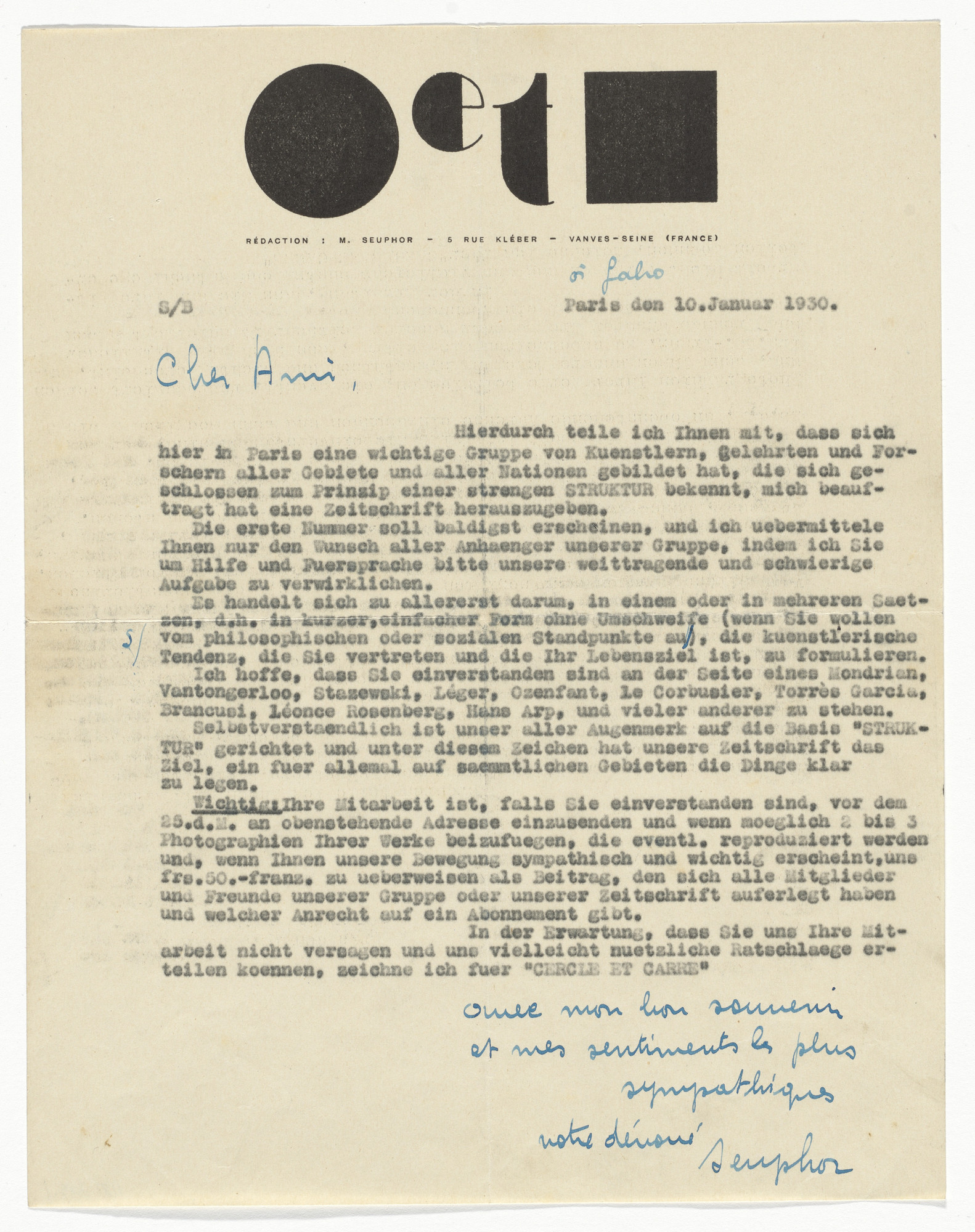 Pierre Daura. Cercle et Carré letterhead