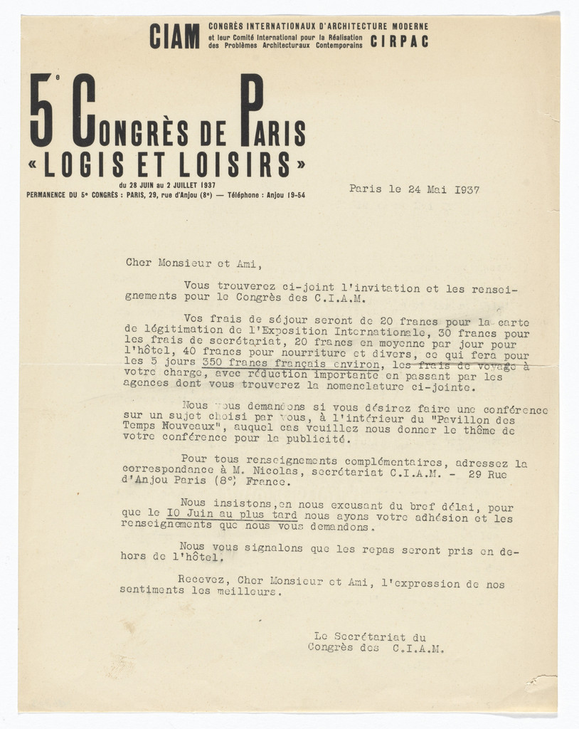 Congrès Internationaux d'Architecture Moderne (CIAM) letterhead (Form letter)