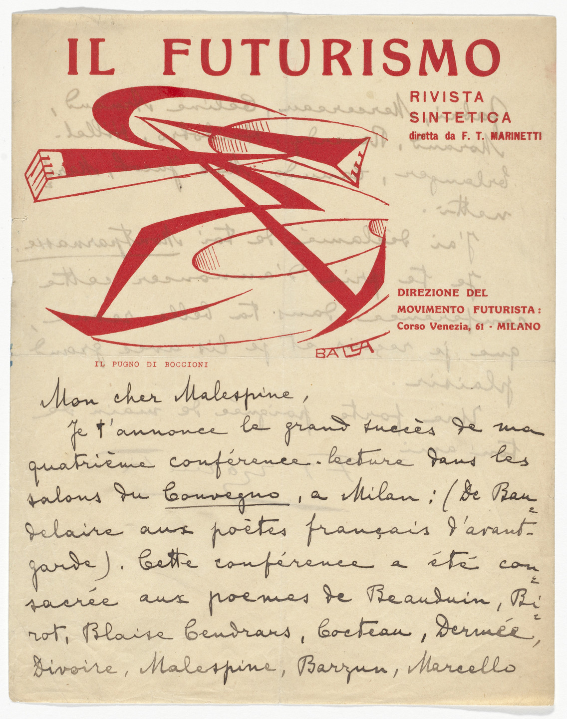 Giacomo Balla. Il Futurismo letterhead (Letter to Malespine from Marinetti). c.1915