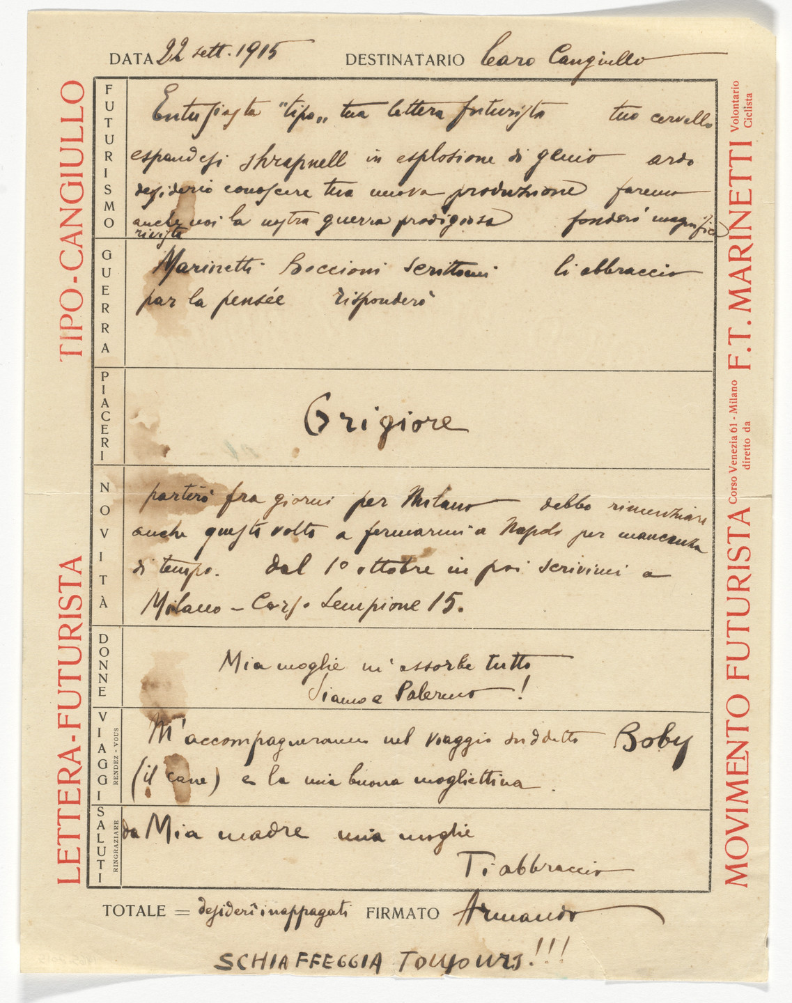 Unidentified Designer. Movimento Futuriste letterhead (Letter to Congiullo). 1915