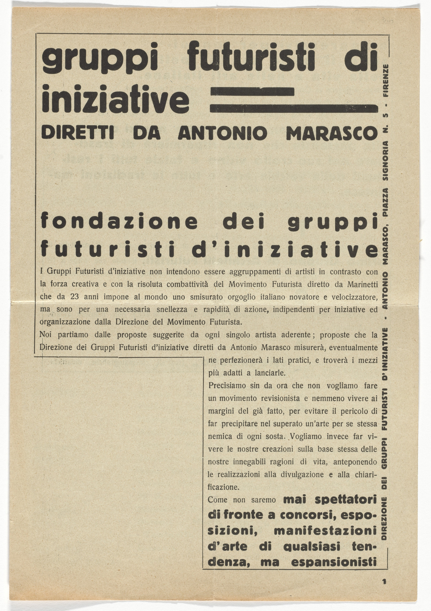 Antonio Marasco. Gruppi Futuristi di Iniziative (Printed manifesto for a new independent Futurist group)