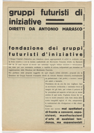Antonio Marasco. Gruppi Futuristi di Iniziative (Printed manifesto for a new independent Futurist group)