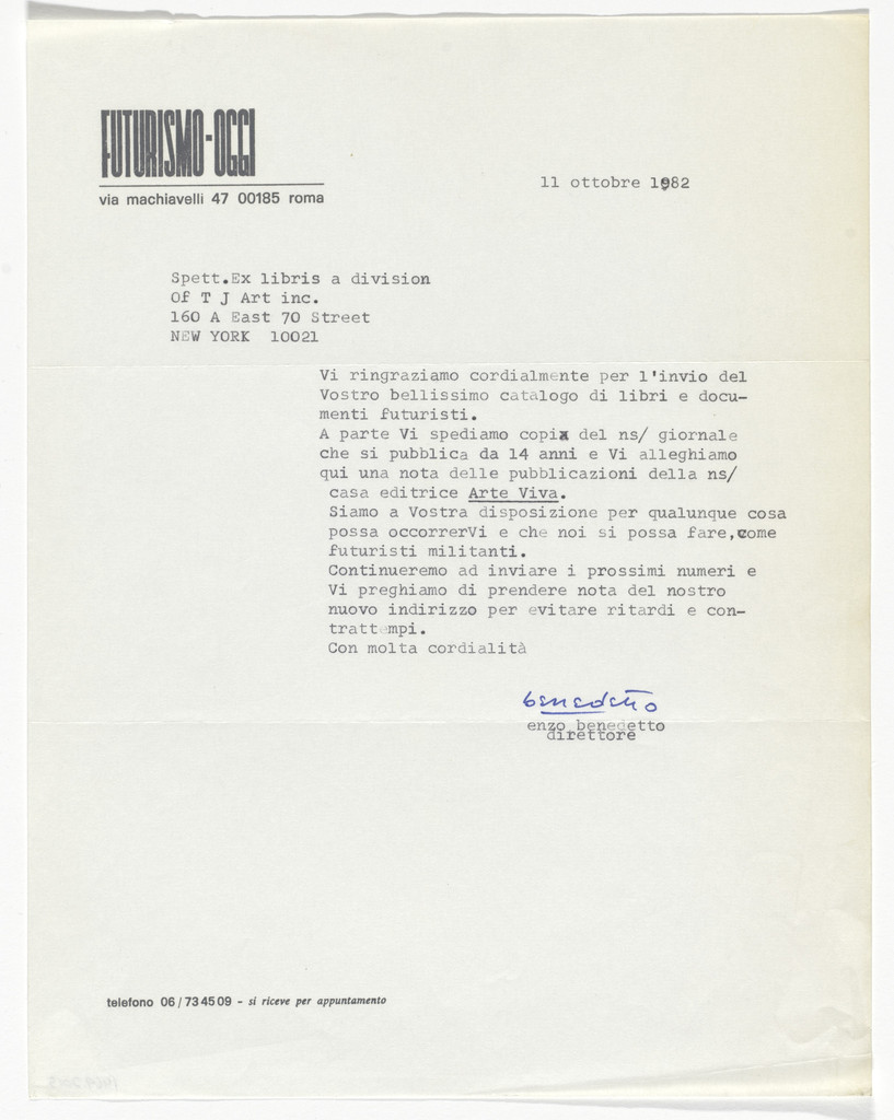 Futurismo-Oggi (Letter to Arthur Cohen from Enzo Benedetto)
