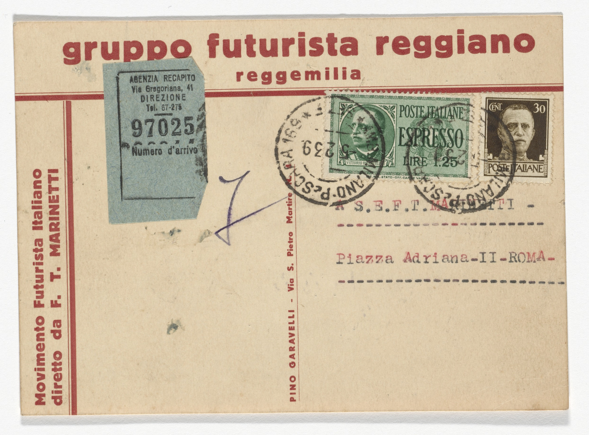 Unidentified Designer. Gruppo Futurista Reggiano stationery postcard (Addressed to Marinetti). 1917