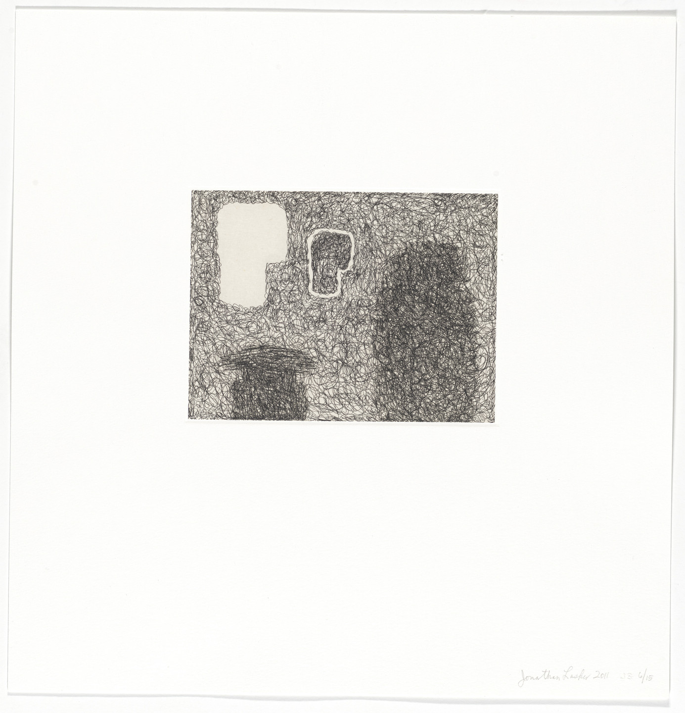 A densely scribbled black ink drawing features intricate loops and swirls on white paper. Two empty, irregularly-shaped white spaces break up the otherwise dark, tangled lines. This is an AI generated description. To give feedback, email ai@moma.org.