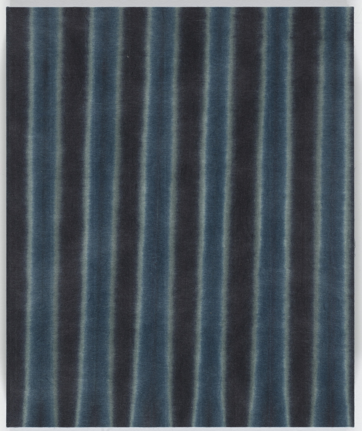 The image shows vertical stripes in shades of dark blue and black, evenly spaced across the canvas. The stripes appear to have soft, blurred edges, creating a gradient effect. This is an AI generated description. To give feedback, email ai@moma.org.