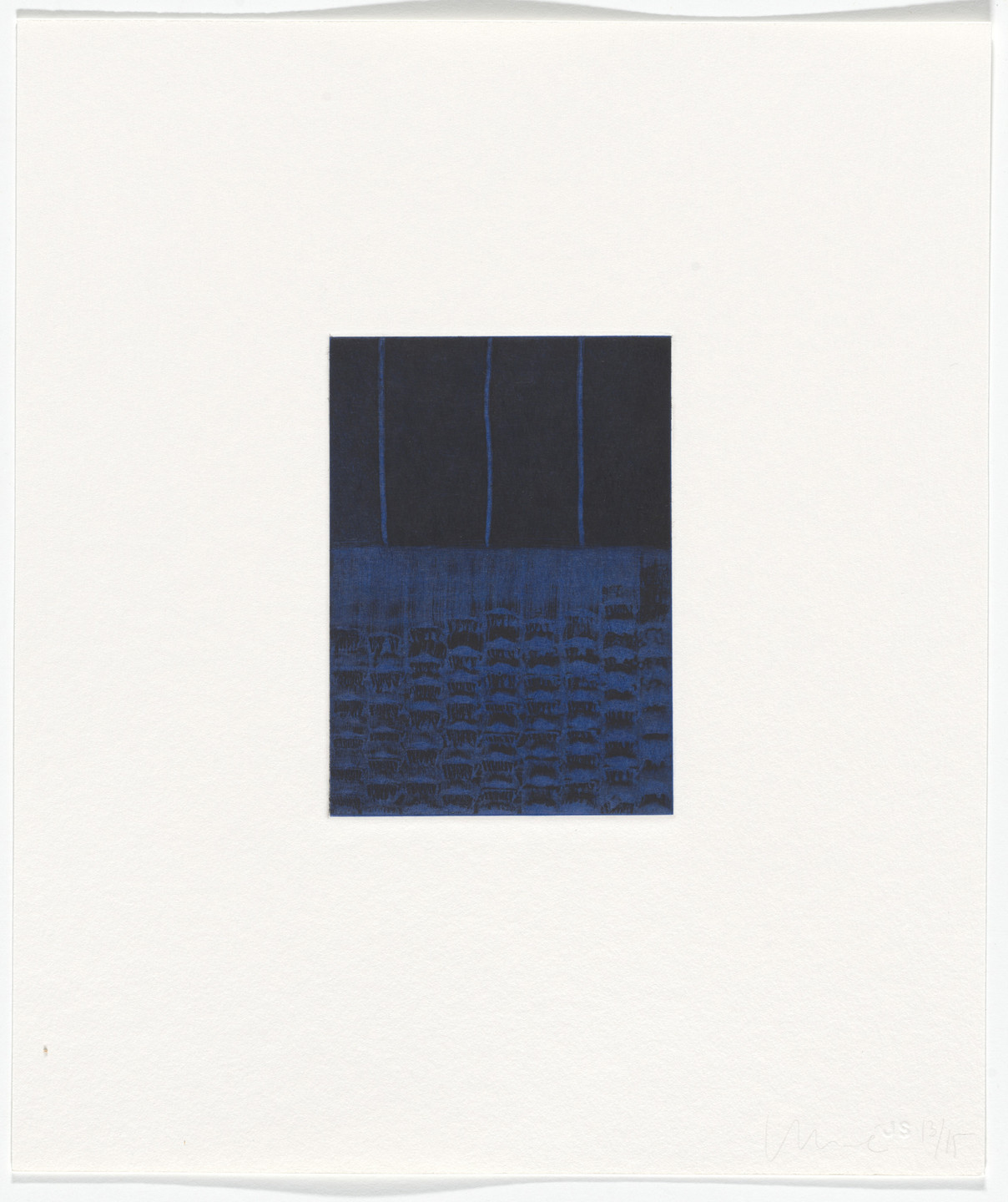 The image shows a rectangular, predominantly dark blue section divided horizontally into two parts. The upper part features vertical blue lines, while the lower part contains a grid-like pattern. This is an AI generated description. To give feedback, email ai@moma.org.