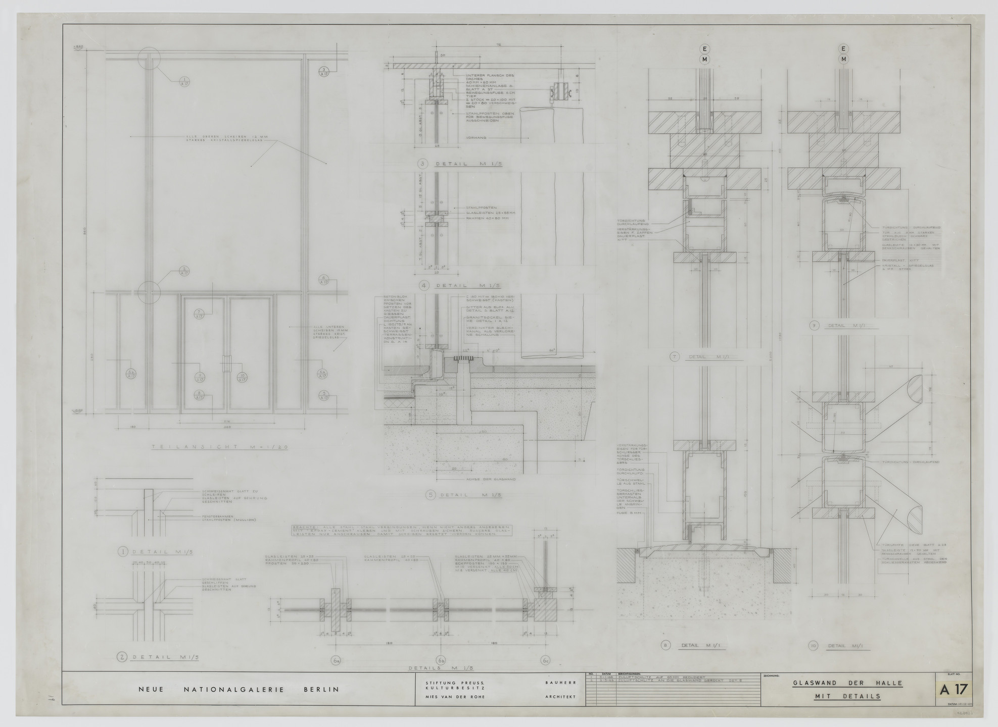 Ludwig Mies van der Rohe. New National Gallery, Berlin, Germany (Elevations and sections, glass wall in hall with details). 1966