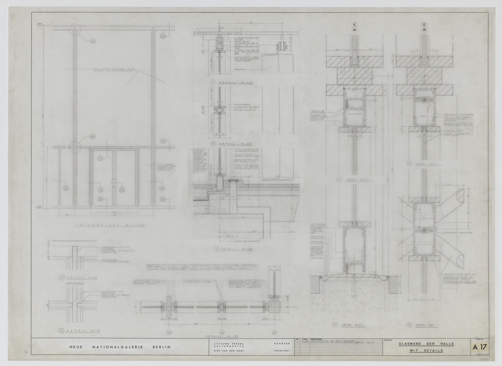 New National Gallery, Berlin, Germany (Elevations and sections, glass wall in hall with details)