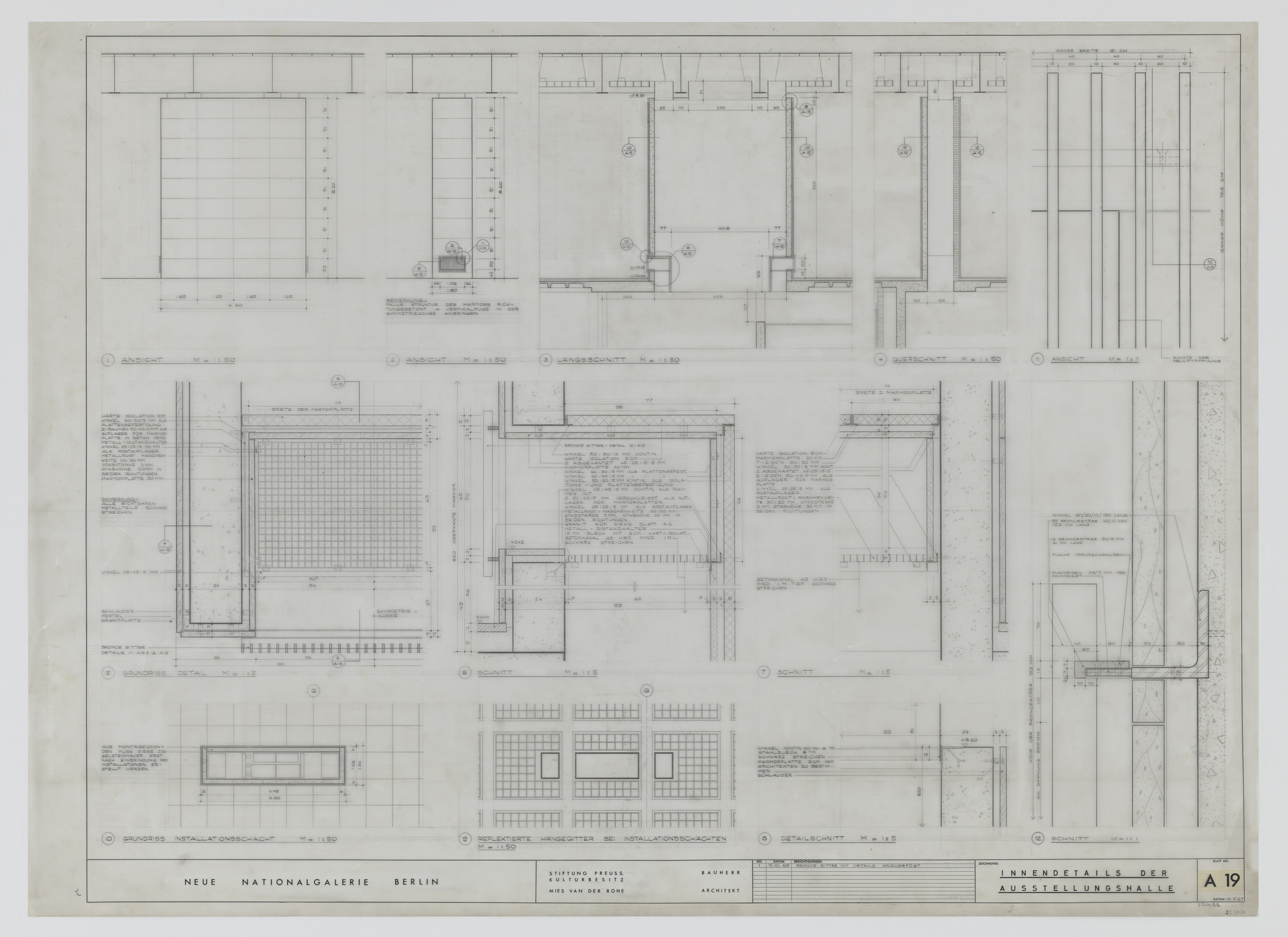 Ludwig Mies van der Rohe. New National Gallery, Berlin, Germany (Plan, section, and elevations: Interior details of exhibition hall). 1967