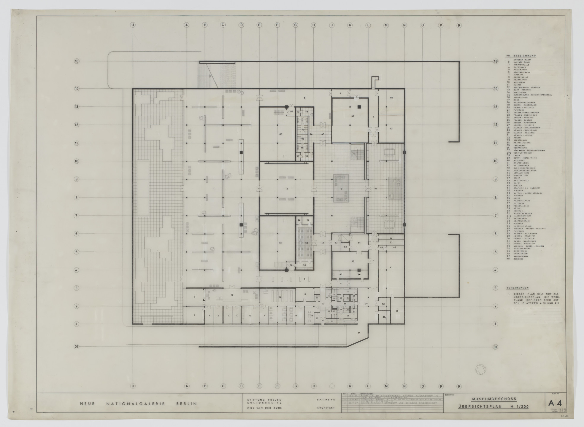 Ludwig Mies van der Rohe. New National Gallery, Berlin, Germany (Plan of museum floor). 1967
