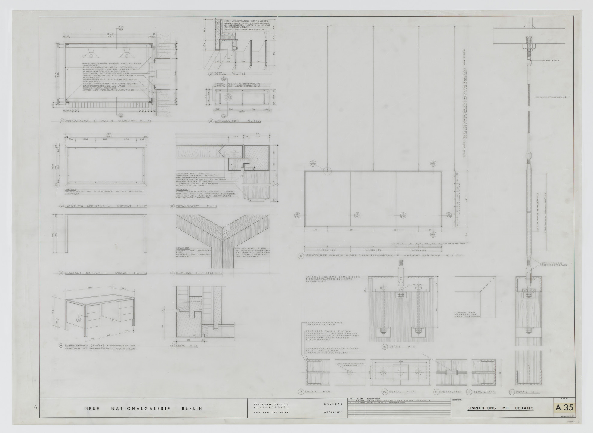 Ludwig Mies van der Rohe. New National Gallery, Berlin, Germany (Plans, elevation, sections, perspective and isometric view. Furnishings with details.). 1968