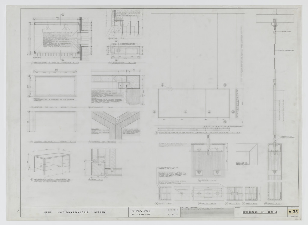 New National Gallery, Berlin, Germany (Plans, elevation, sections, perspective and isometric view. Furnishings with details.)