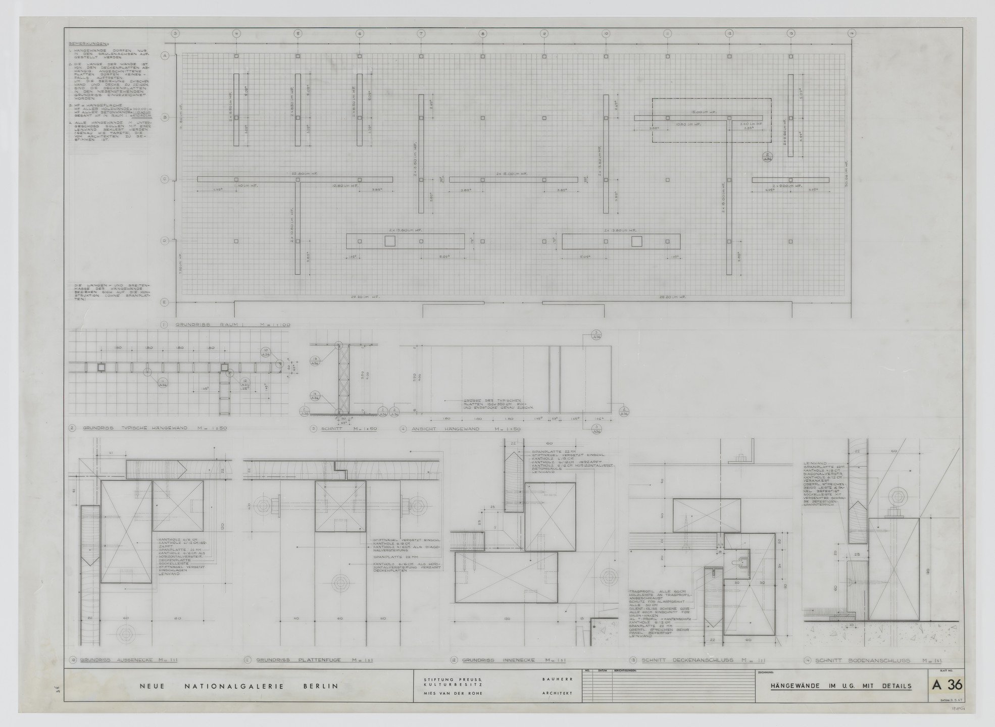 Ludwig Mies van der Rohe. New National Gallery, Berlin, Germany (Plans, sections. Suspended walls on lower level with details). 1967
