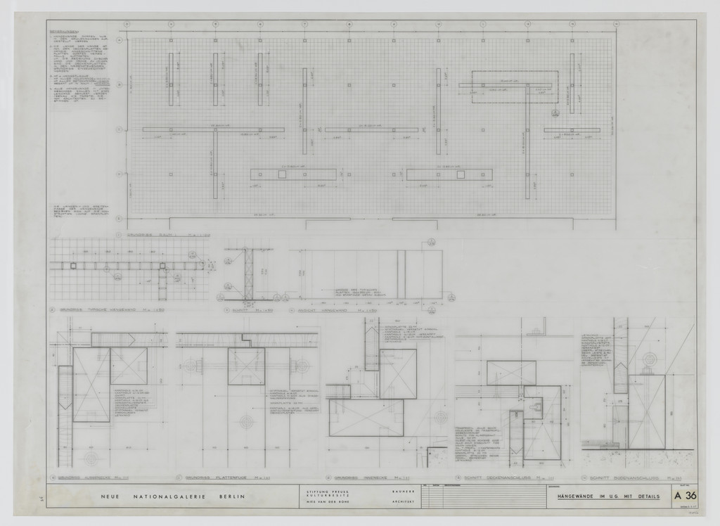 New National Gallery, Berlin, Germany (Plans, sections. Suspended walls on lower level with details)