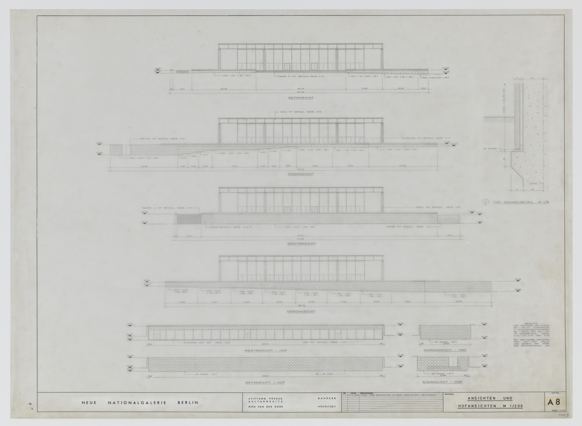 Ludwig Mies van der Rohe. New National Gallery, Berlin, Germany (Elevations and court elevations). 1965