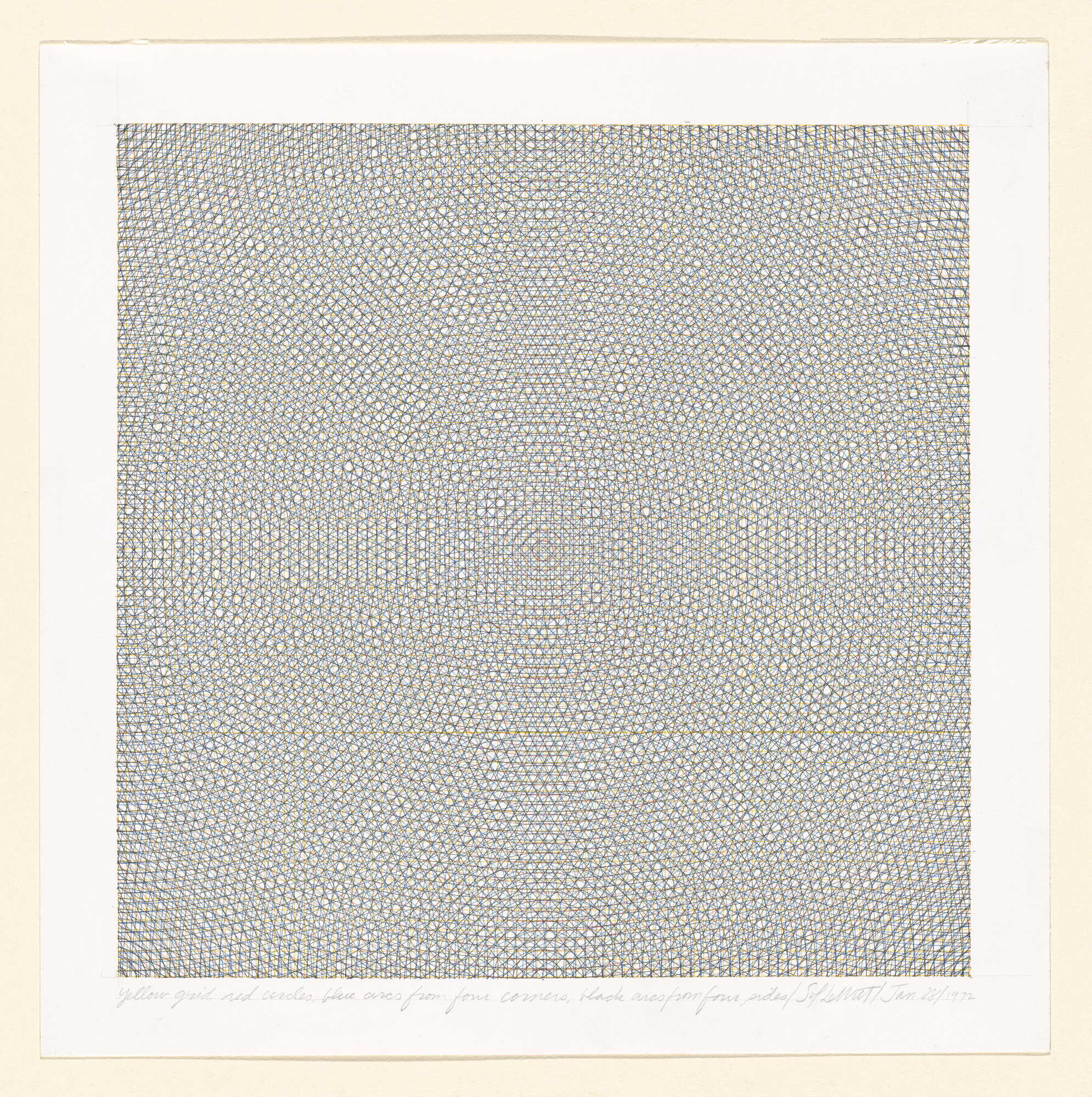 Sol LeWitt. Yellow Grid, Red Circles, Blue Arcs from Four Corners, Black Arcs from Four Sides