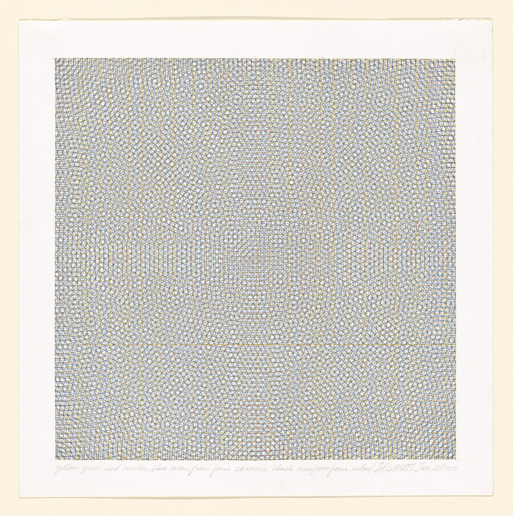 Yellow Grid, Red Circles, Blue Arcs from Four Corners, Black Arcs from Four Sides