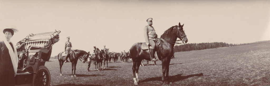 Colonel Barano on Horseback, Grand Duchess Olga Alexandrovna Beside Car, Gatchino