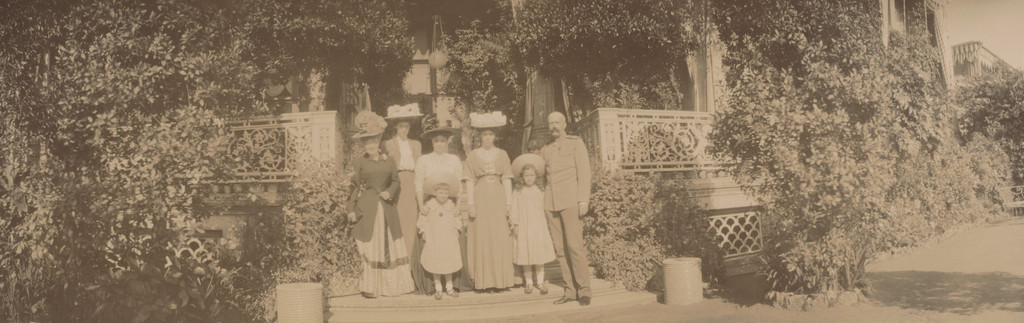 Sisters Xenia Alexandrovna and Olga Alexandrovna with Grand Duke George Mikhailovich at Ivy Steps, Peterhof