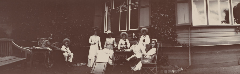 Grand Duke Alexander Mikhailovich, Duchess Xenia Aleksandrovna, Maria Feodorovna and Princess Irena at Garden Table, Peterhof