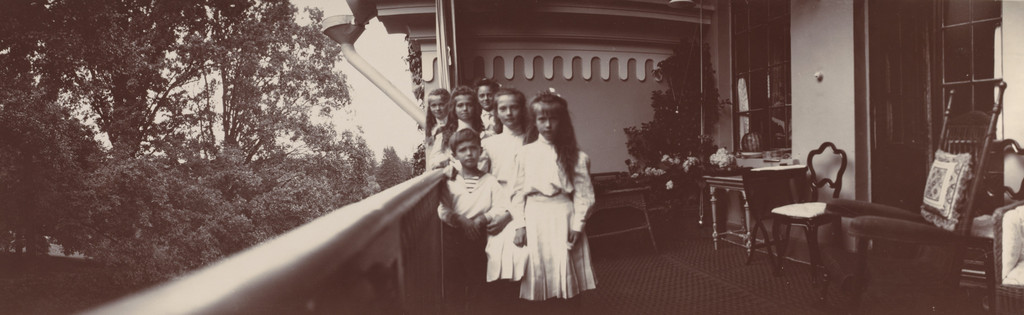 Back row: Grand Duchess Olga, Maria, and Irena; Front row: Tsarevich Alexis, Grand Duchess Tatiana and Anastasia, Peterhof