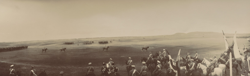 Emperor Nicholas II Reviews A Horse Parade of the Nicholas Military Cavalry Scholl and, In Profile, Grand Duke Nicholas Nikolaevich, Krasnoe Selo