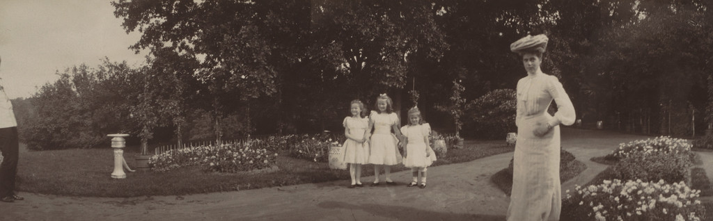 Grand Duke Alexander Mikhailovich At Far Left, Grand Duchess Xenia Alexandrovna At Right and Duchesses Tatiana, Olga and Maria in Garden, Peterhof