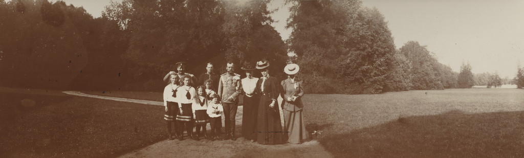 Grand Duchesses Olga, Tatiana, Anastasia, Maria and Tsarevich Alexis with Emperor Nicholas II and Xenia Alexandrovna on the Path