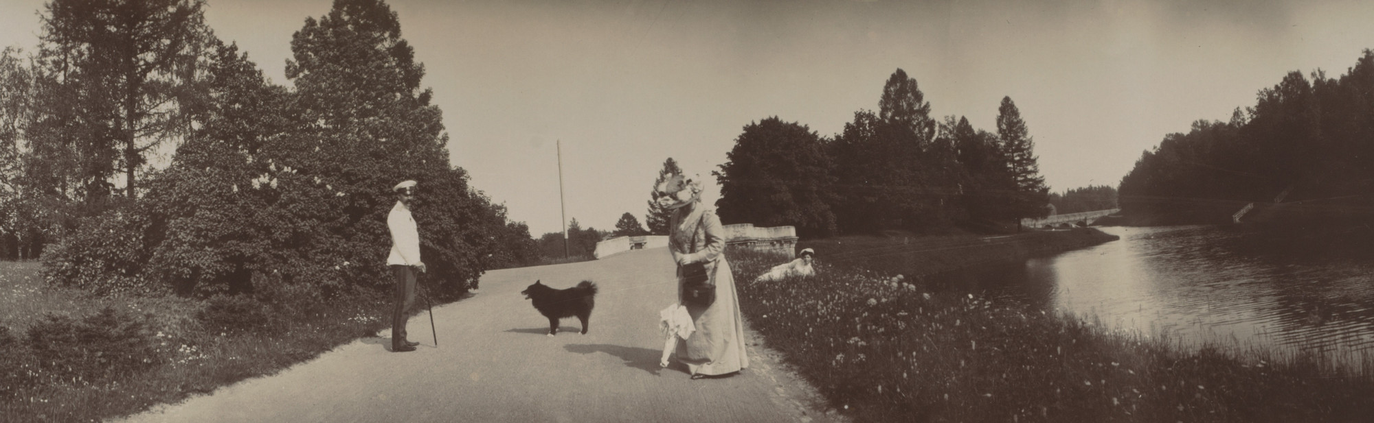 Unknown photographer. Grand Duke Georgii Mikhailovich Standing on Right, Grand Duchess Olga Alexandrovna Lying in Grass. 1903-08