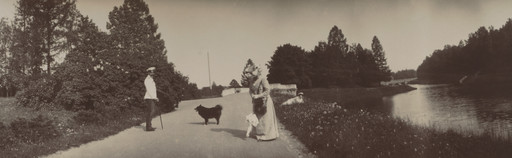 Unidentified photographer. Grand Duke Georgii Mikhailovich Standing on Right, Grand Duchess Olga Alexandrovna Lying in Grass. 1903-08