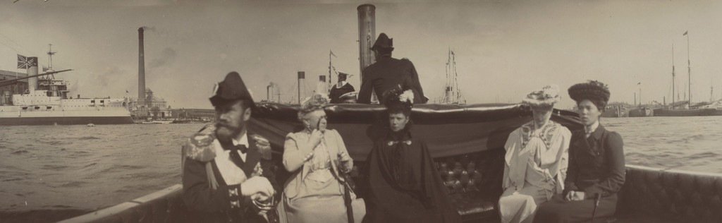 Emperor Nicholas II, Queen of Greece Olga Konstantinovna, Dowager Empress Marie Feodorovna, Empress Alexandra Feodorovna and Grand Duchess Olga Alexandrovna at the Launching of the "Slava"