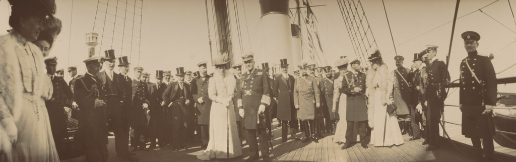 Peter Stolypin, Queen Alexandria of England, Count V. Fredericks, Grand Duchess H. Vladimirovna, Emperor Nicholas II talking to Princess Victoria, Grand Duke M. Alexandrovich, Admiral J. Fisher with Queen Alexandra, on Deck, Reval