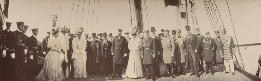 Sir Arthur Nicholson, Peter Stolypin, Queen Alexandra of England, Emperor Nicholas II, Count V. Fredericks, Alf Knox and Admiral Nilov on Ship Deck, Reval