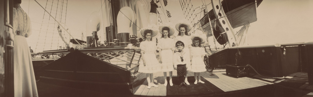 Grand Duchesses Maria, Tatiana, Olga, Anastasia, and Tsarevich Alexis Standing in Front of His Sisters, on Deck