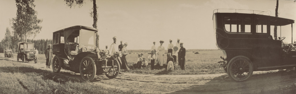 Grand Duke Alexander with His Wife Grand Duchess Xenia Alexandrovna Together with Their Children, Dog, Two Cars and Xenia's Brother, Grand Duke Michael Alexandrovich