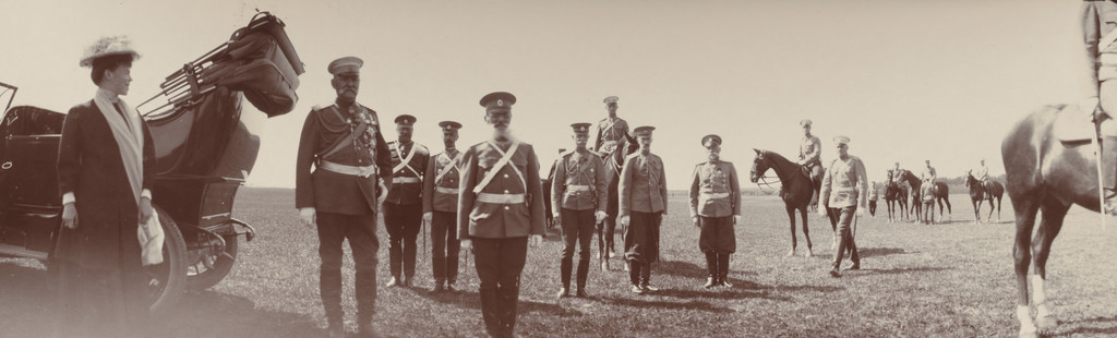 Generals Arapov, Gazenkampf, Budberg and Danilov with Grand Duchess Olga Alexandrovna Beside a Car, Gatchino